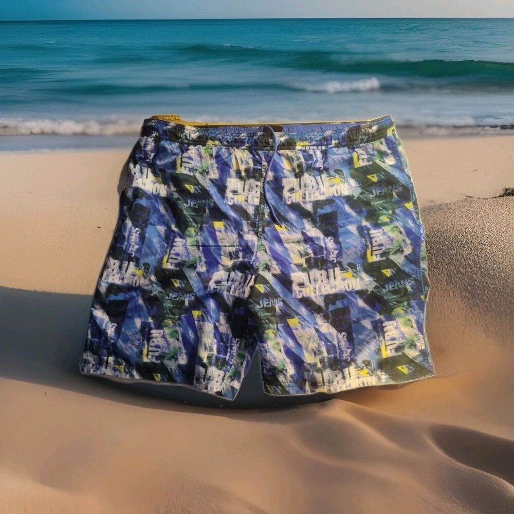 FUBU Shorts Mens XL Drawstring Mesh Lining Blue Tone on Tone Swimsuit 1582